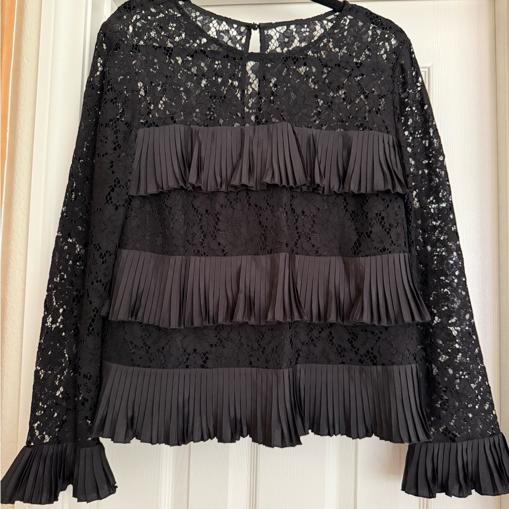 J. Crew Black Lace Blouse with Ruffle Details